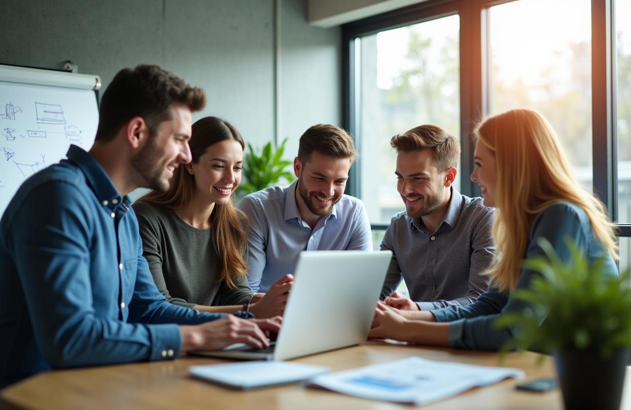 Team collaborating around a wooden table in a sunlit UK office