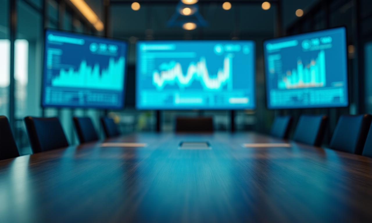 Modern workspace with data visualization on screens